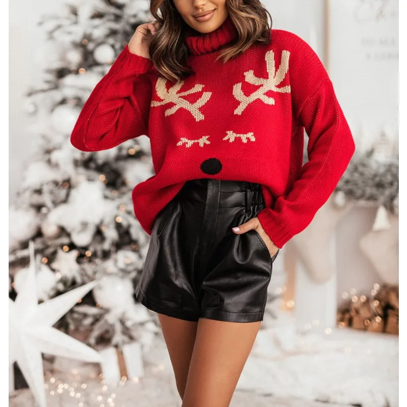 

Women's High Neck Loose Cute Deer Horn Jacquard Long Sleeve Sweater Autumn & Winter Christmas Woman Casual Knitted Pullover Tops