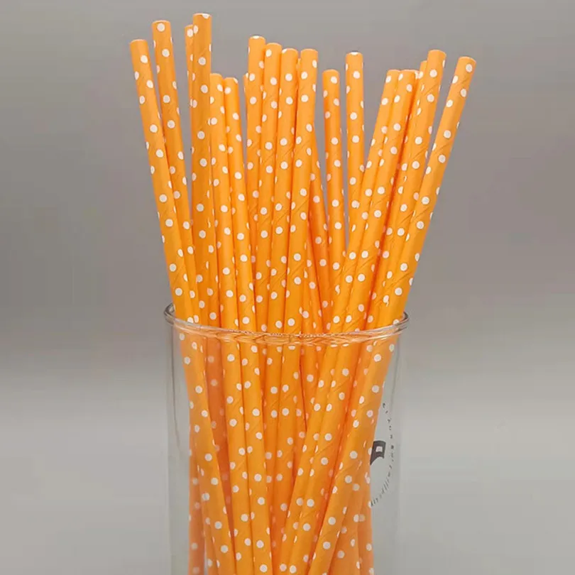 100 Pcs White Swiss Dot Orange Paper Straws,Autumn Wedding Halloween Thanksgiving Dinner Party Drinking Straw Cake Pop Sticks