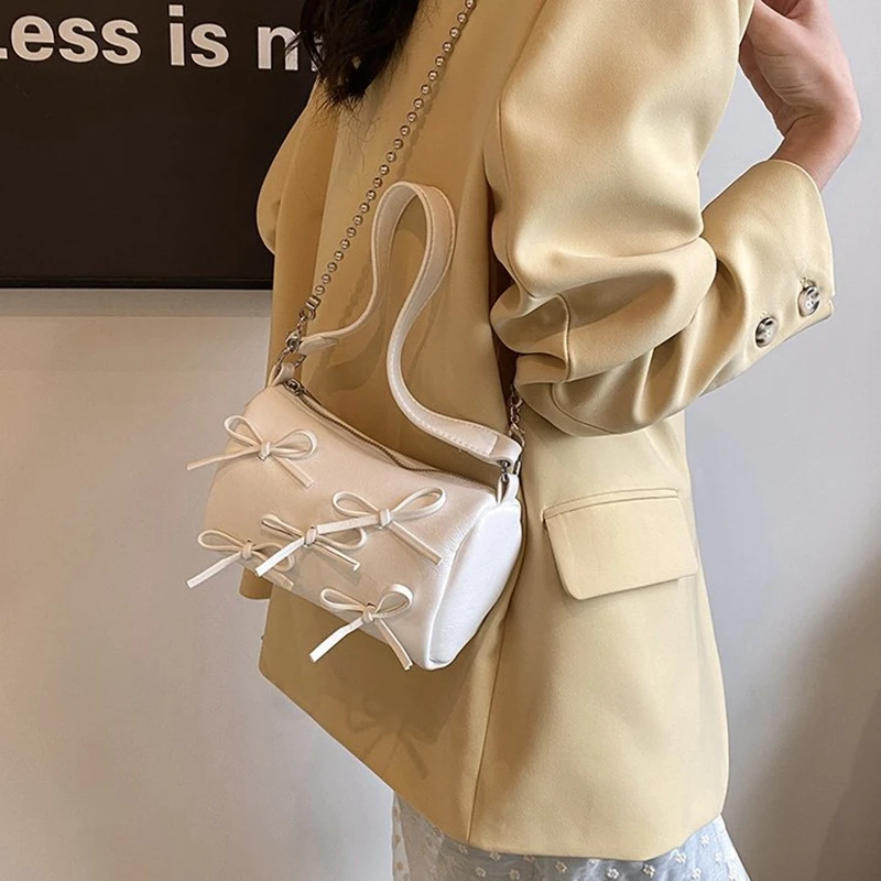 Cute little bow tie design crossbody bag for women 2024 new silver pink armpit small square bag handbag PU leather shoulder bag