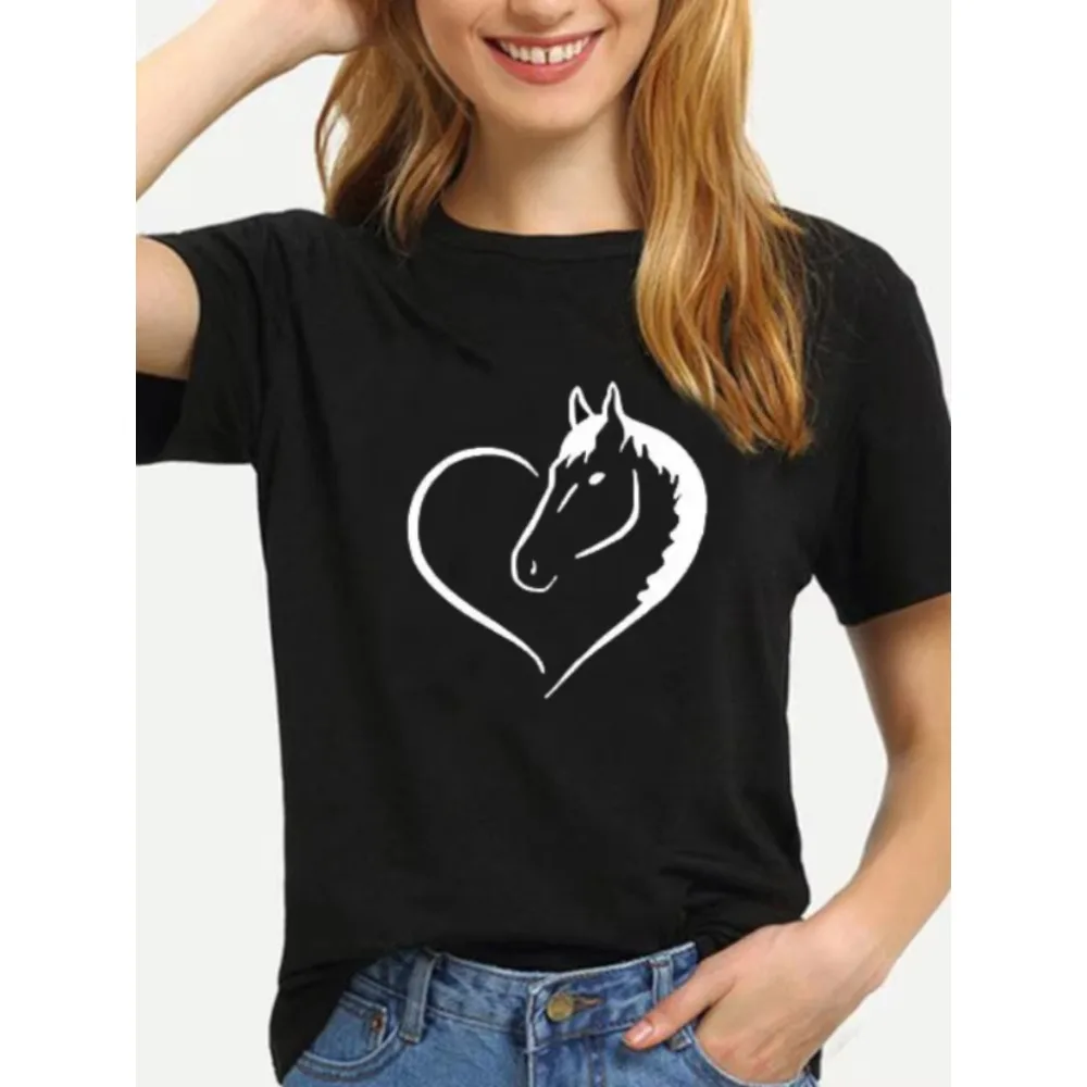 Horse Shape Heart Print Yellow T Shirt Women Short Sleeve O Neck Loose Women Tshirts Ladies Summer Fashion Tee Shirt Top Clothes