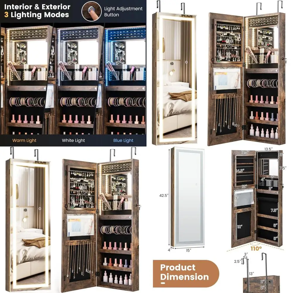 

Настенный запираемый шкаф для драгоценностей с регулируемым зеркалом с подсветкой, 3 режима освещения, высота 42,5, коричневый в деревенском стиле