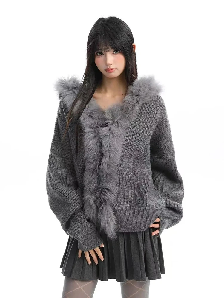 

Vintage Streetwear Hooded Knit Cardigan Women Lazy Wind Fur Collar Patchwork Sweater Long Sleeve Loose Y2K Autumn Winter Tops