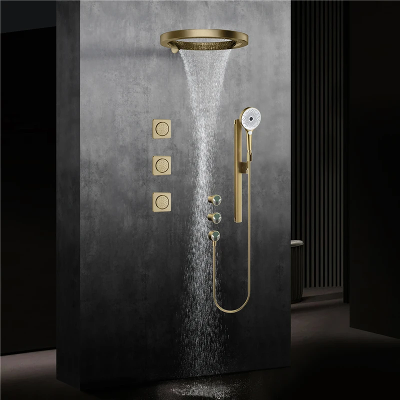 

Beyoon Brass Brushed Gold Triple Handle Wall Mount Hot/Cold Water Bathroom Shower Faucet Set 20-Inch Rain Shower Head