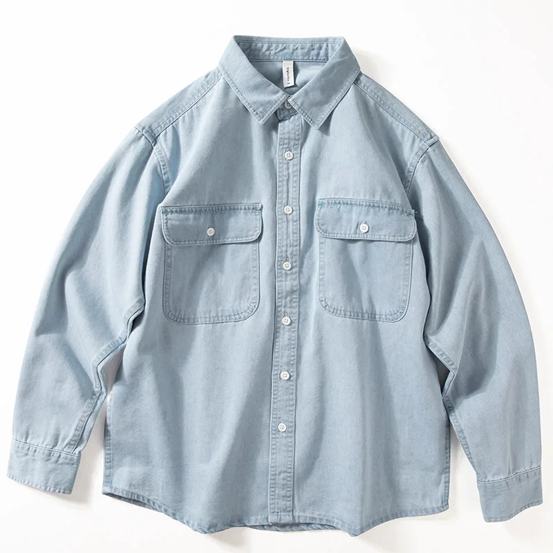 

Fashion Denim Shirt Men Long Sleeve Spring Autumn New American Retro Loose Casual Solid Coats Simple All-matched Pocket Blue Top