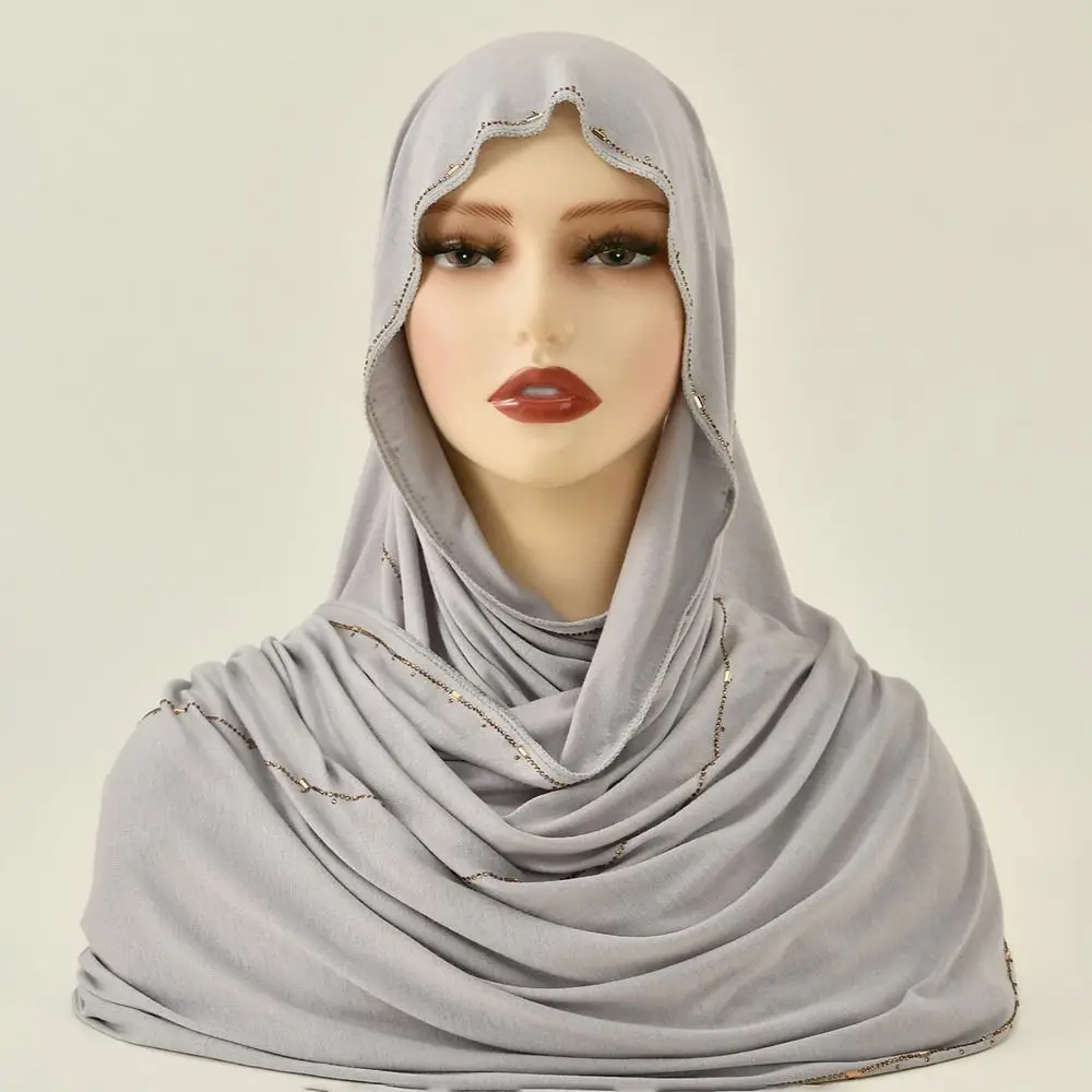 

New Breathable Rhinestone Hijab Scarf Glitter Shimmer Edge Solid Color Stretch Shawl Soft Headband Turban For Women