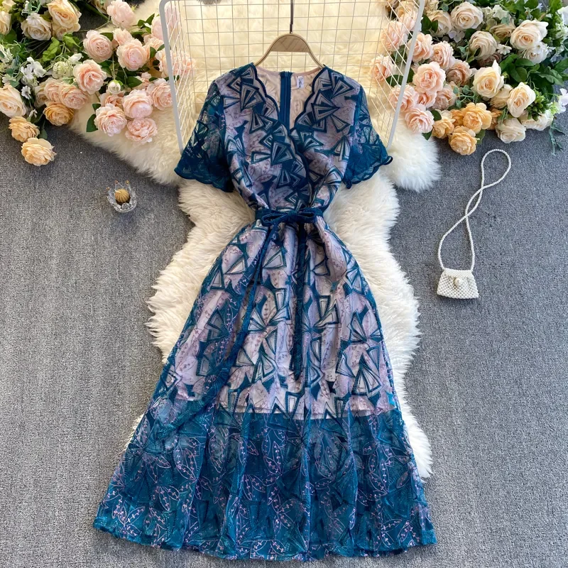 New Vintage Floral Embroidered Short Sleeve Blue Mesh Dress Women Elegant Wavy Edge V Neck Lace-Up Boho Lace Embroidery Vestidos