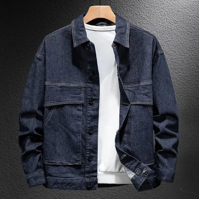 

Blue Washed Denim Jacket Men's Spring and Autumn Loose Large Size 5XL Tooling Jacket Lapels Spliced Tops Motorcycle Men Coats
