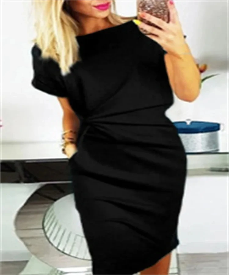 Summer Women's Red Dress O-Neck Pocket Fashion Casual Pullover Wrinkled Solid Color Black One-step Skirt for Female