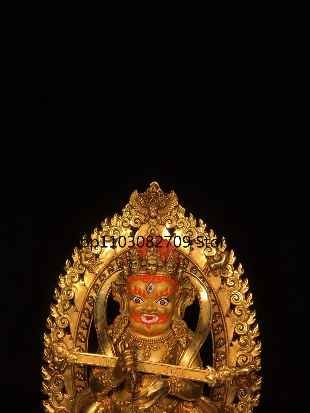 Tibetan Brass Gilt Painting Face Backlight King Kong Black Sky God of Wealth Home Buddhist Hall Supplies 33cm Ornament