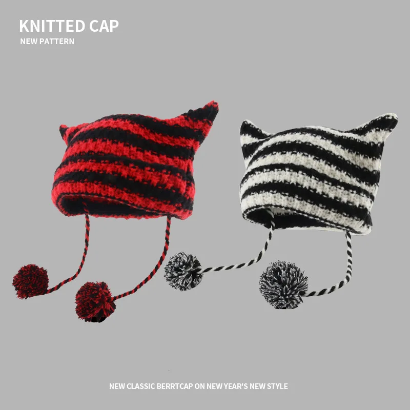 

Japanese Y2K Cute Black White Striped Cat Ears Wool Hat Women Autumn Winter Warm Little Devil Hanging Ball Knitted Beanie Hat