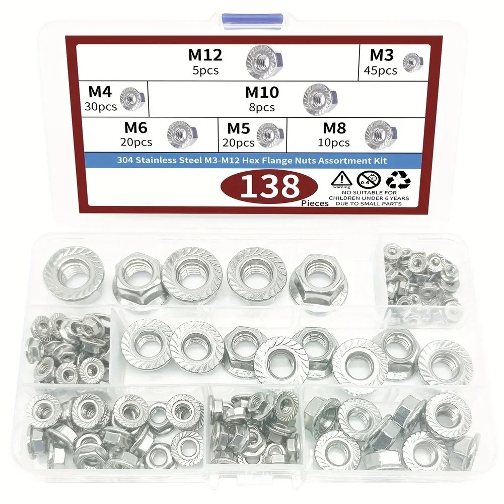 304 Stainless Steel DIN 6923 Hex Flange Nuts Kit 138PCS  FOR M3  M5 M6 M8 M10 Nuts Serrated Spinlock Nut Lock Nut Assortment Kit