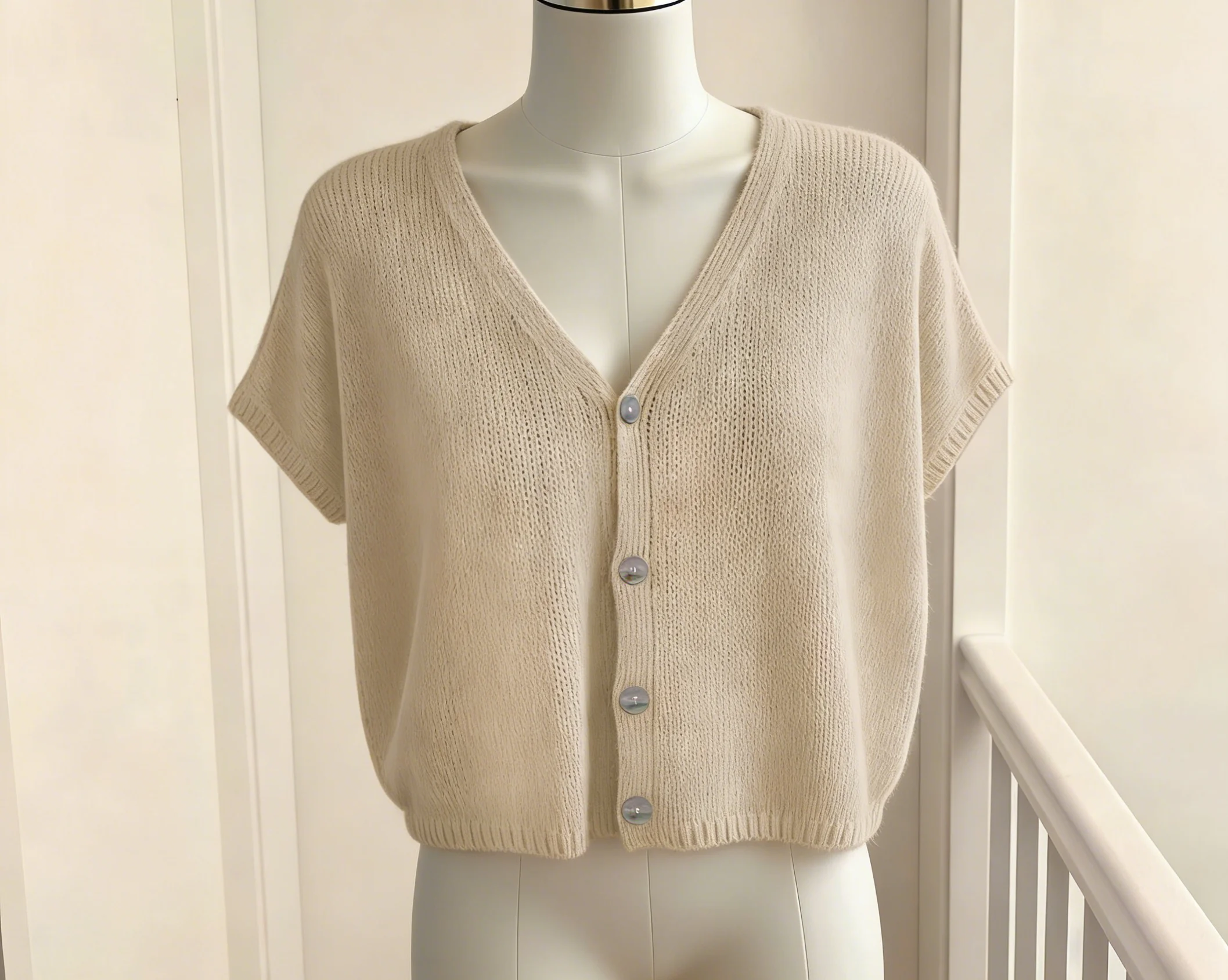 

Summer Essential Casual Versatile Knit Cardigan: Beige V-Neck Short Sleeve Soft Lazy Style Top