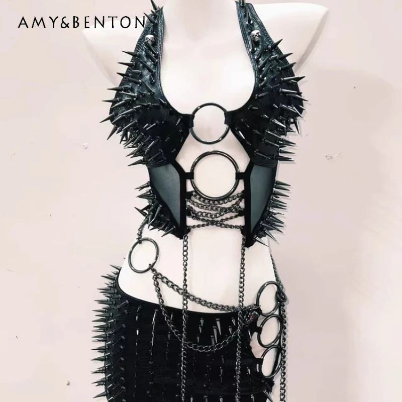 

Goth Punk Dark Rivets Hollow Out Halter Women's Vest Original Black Sweet Cool Low Waist Sexy Pu Leather Mini Skirt Suit Ladies