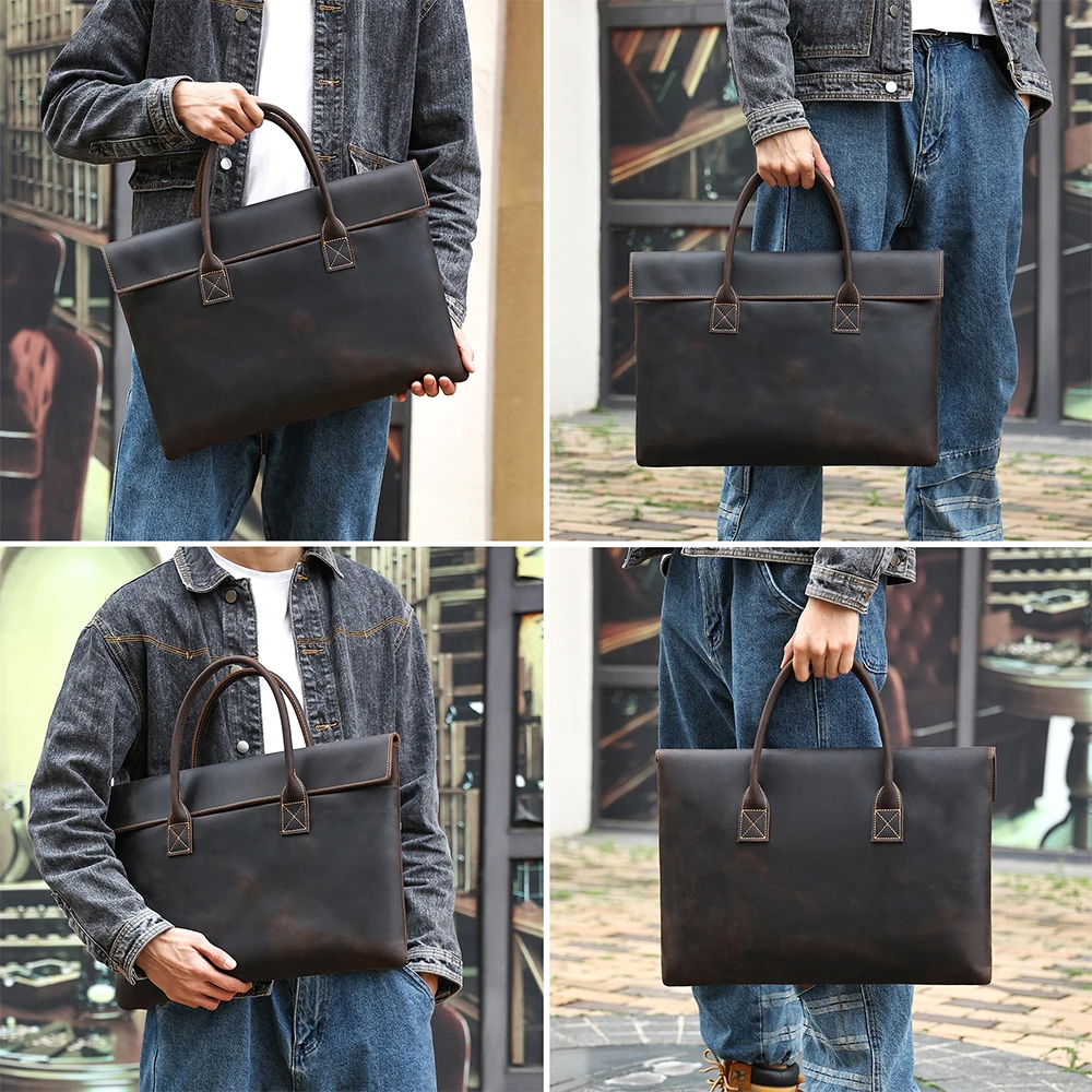 Highend Vintage A4 Brown Crazy Horse Genuine Leather Executive 14'' 15.6'' Laptop Women Men Briefcase Handbag Portfolio M6632