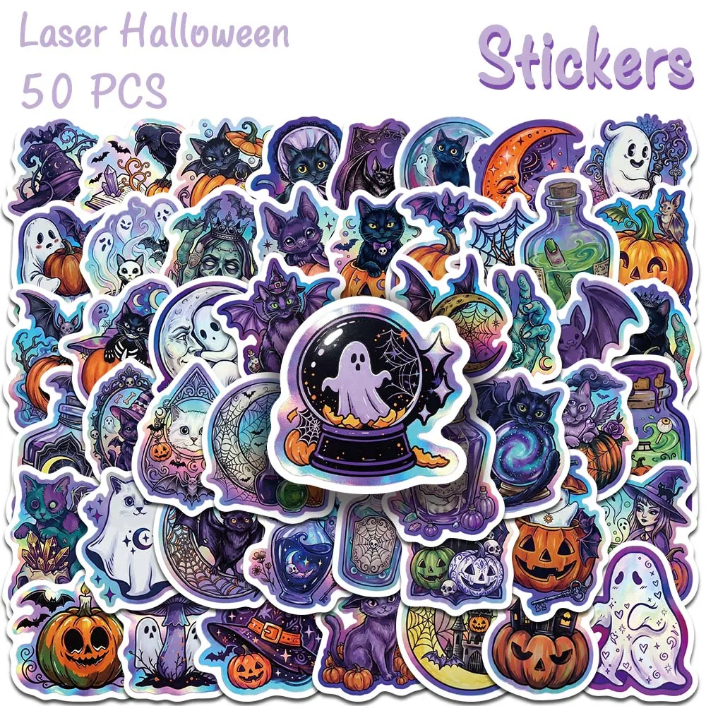 50pcs Halloween Laser Holographic Stickers Cute Spooky Ghost Pumpkin Decals For Phone Case Laptop Guitar Scrapbook Party Gifts