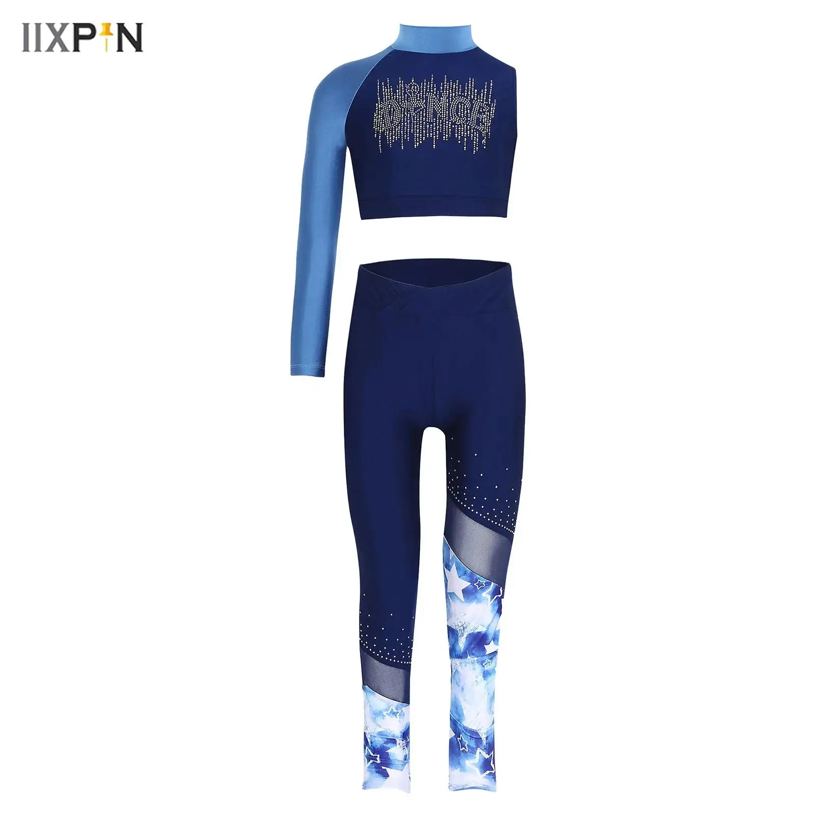 

Girls Two Pieces Sequins Gymnastics Dance Outfits Mock Neck Asymmetrical Sleeves Tank Crop Top+Leggings Set Athletic Tracksuit