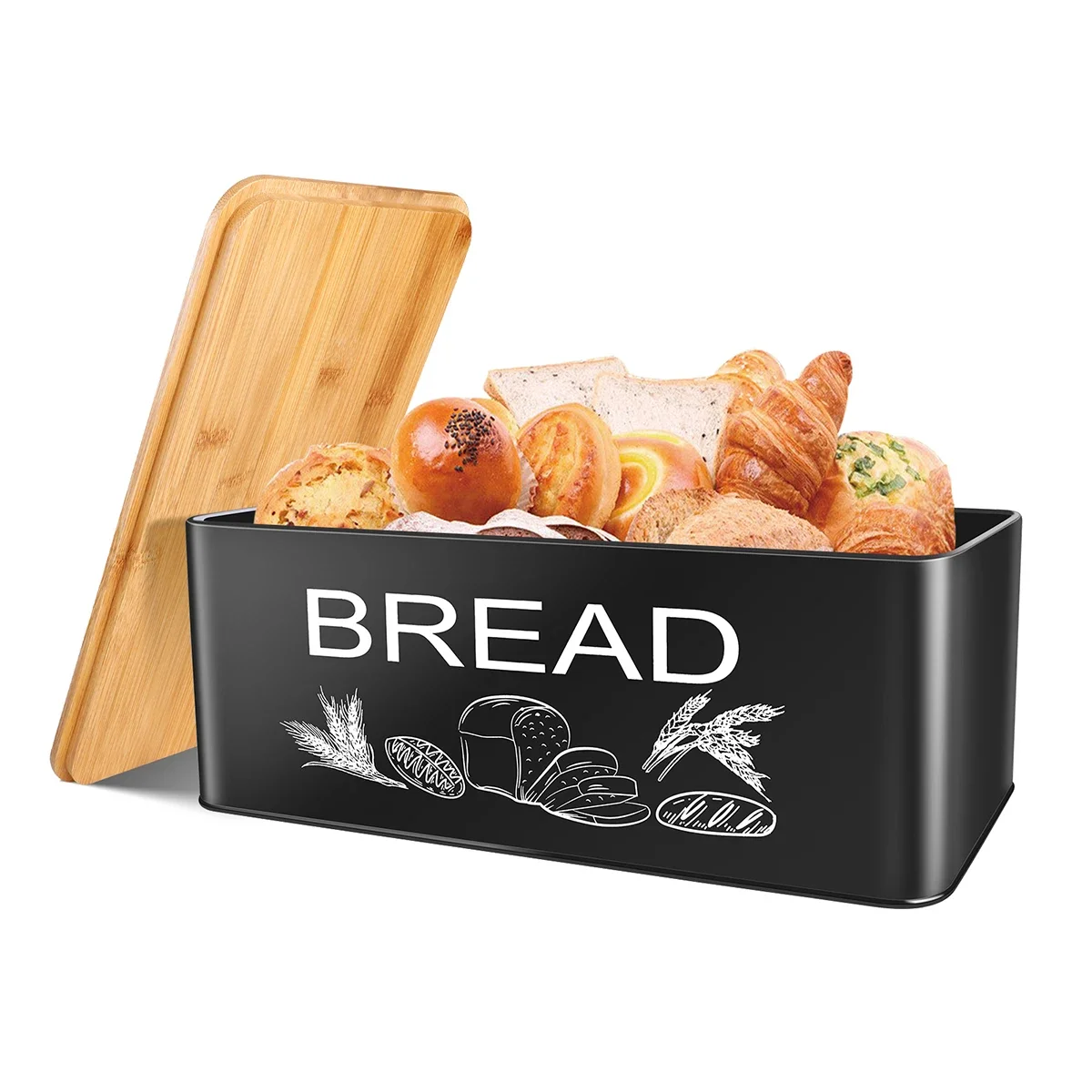 Black Bread Box, Large Space Saving Vertical Metal Bread Box with Wooden Cutting Board Lid, Holds 2+ Loaves