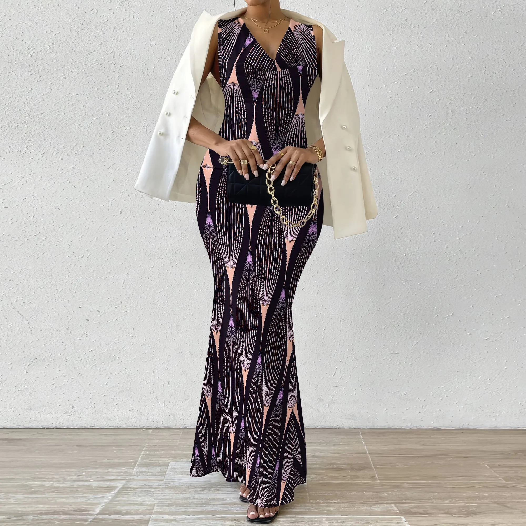 

Women's Boho Abstract Print Maxi Dress Vintage V-Neck Sleeveless Bodycon Mermaid Dress for Evening Party Wear XS-2XL