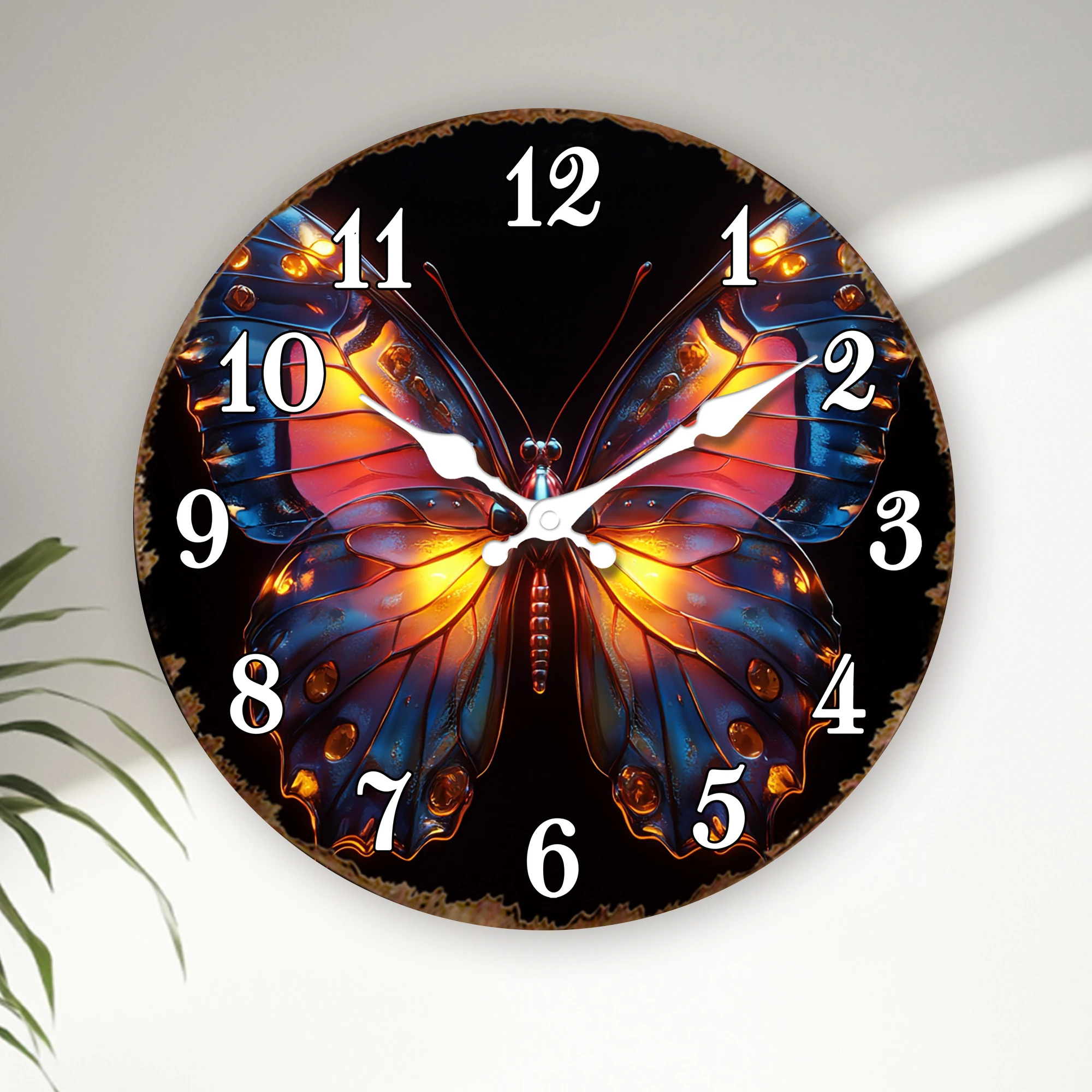 Glowing Butterfly with Fiery Hues Wall Clock, Insect Theme Silent Quartz Clock, Striking Decorative Round Timepiece for Art Love