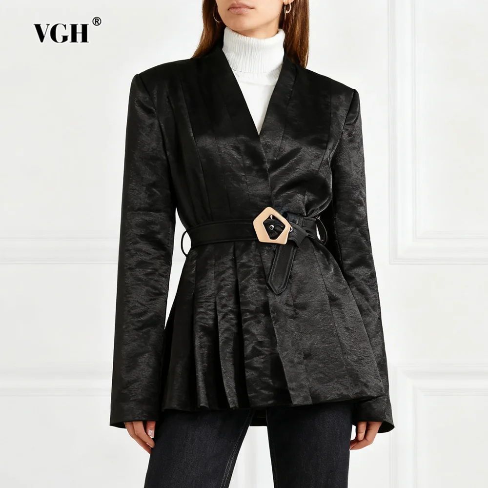

VGH Autumn Solid Temperament Slimming Jackets For Women V Neck Long Sleeve Spliced Belt Elegant Jacket Female Fashion Style New