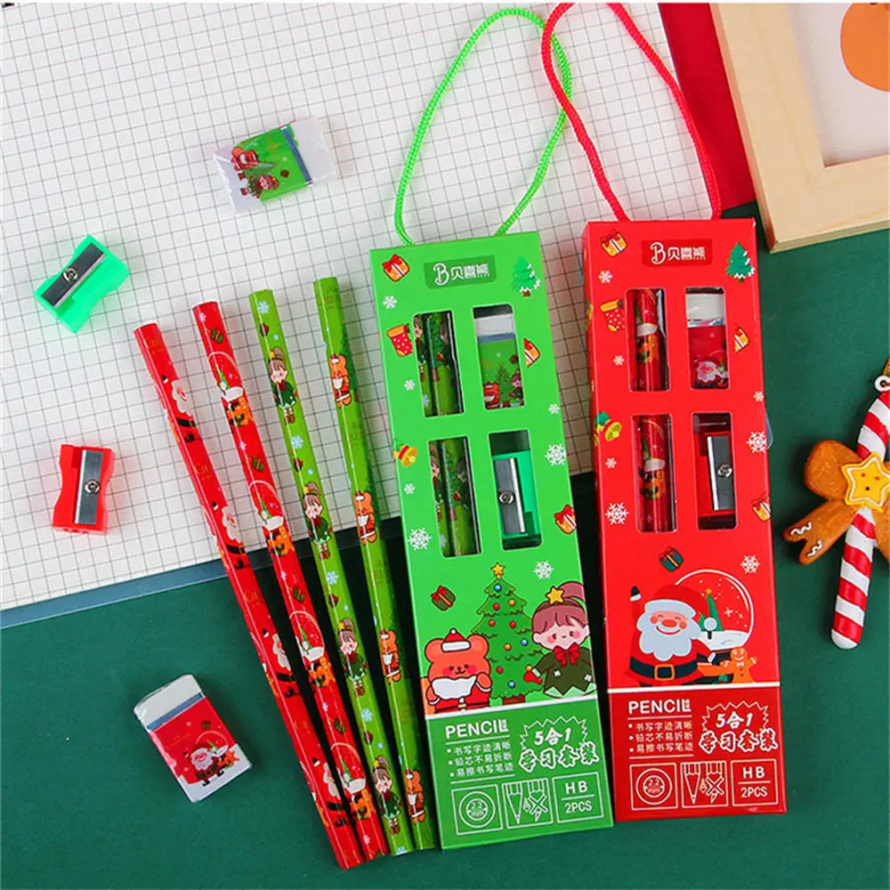 5pcs Stationery Set Pencil Ruler Sharpener Eraser Christmas Prize Gift for Kids Student Stationery Set Office Writing Supplies