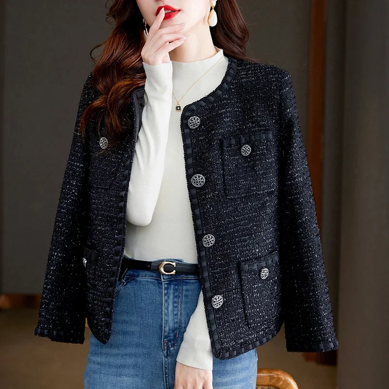 Woman Elegant Office Jacket French Vintage Autumn Winter High Quality Korea Chic Tweed Small Fragrance Shiner Women Short Coat