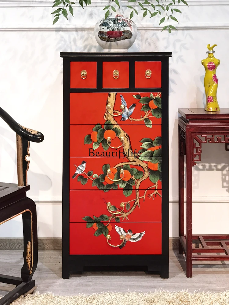 

New Chinese Style Painted Classical Hallway Chest of Drawers National Style Corner Bedroom Solid Wood Drawer Curio Cabinet