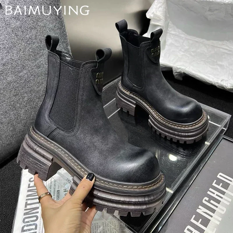 Chunky Platform Women Ankle Snow Boots Mid Heels Fashion Leather Shoes Woman Winter 2024 Trend Casual Goth Chelsea Botas Mujer