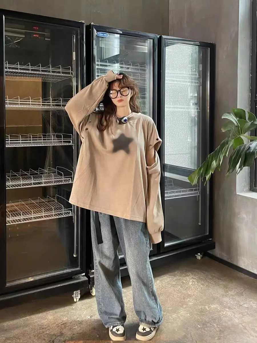 Sweat-shirt femme hauts Patch tridimensionnel coutures délavées contraste couleur kaki Ol Slouchy vêtements d'extérieur de noël