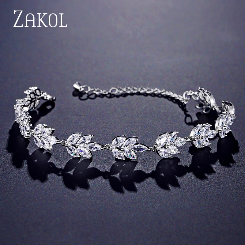 ZAKOL Luxury Cubic Zirconia Leaf Chain Bracelets for Women White Crystal Wedding Jewelry Gift BP2117