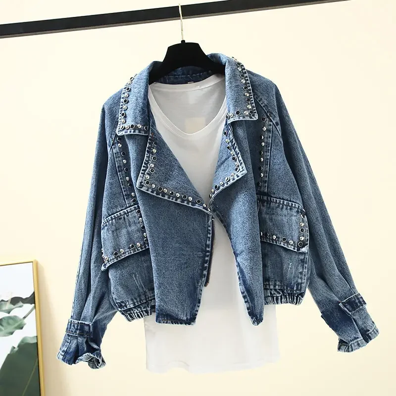 Women's Clothing Solid Color Denim Coats Spring Autumn Long Sleeve Casual Tailored Collar Fashion Diamonds Rivet Loose Jackets