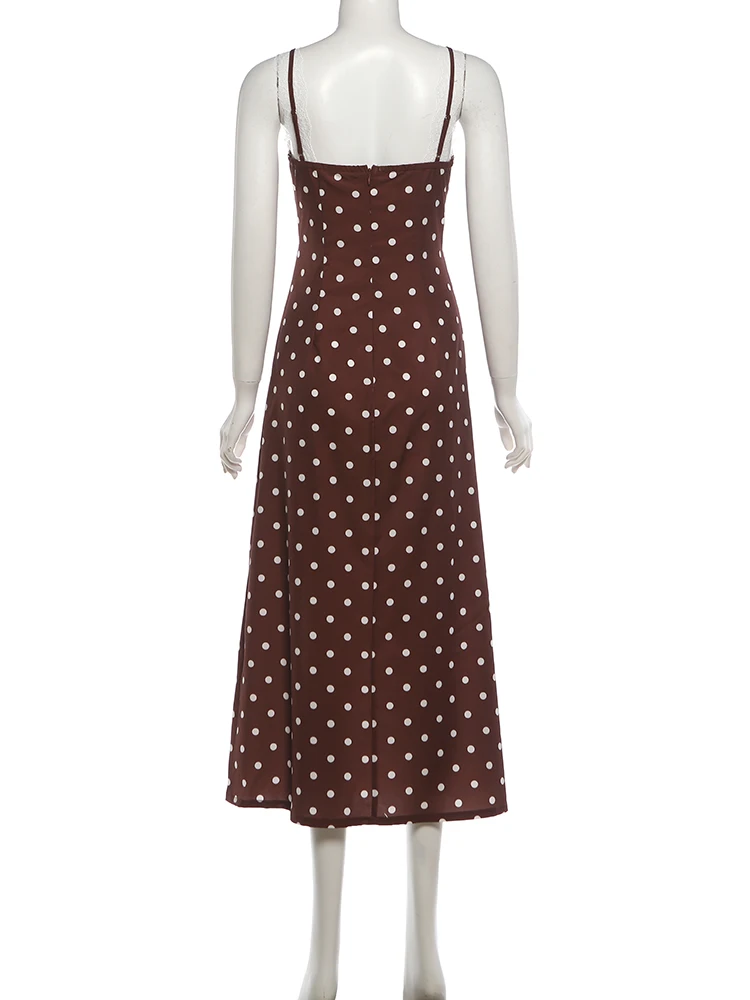 Weird Puss Maxikleid mit Polka-Dot-Print für Damen, Patchwork-Spitze, hoher Schlitz, V-Ausschnitt, ärmellos, Street-Fashion, Party, klassisches Vestido – Detail 5