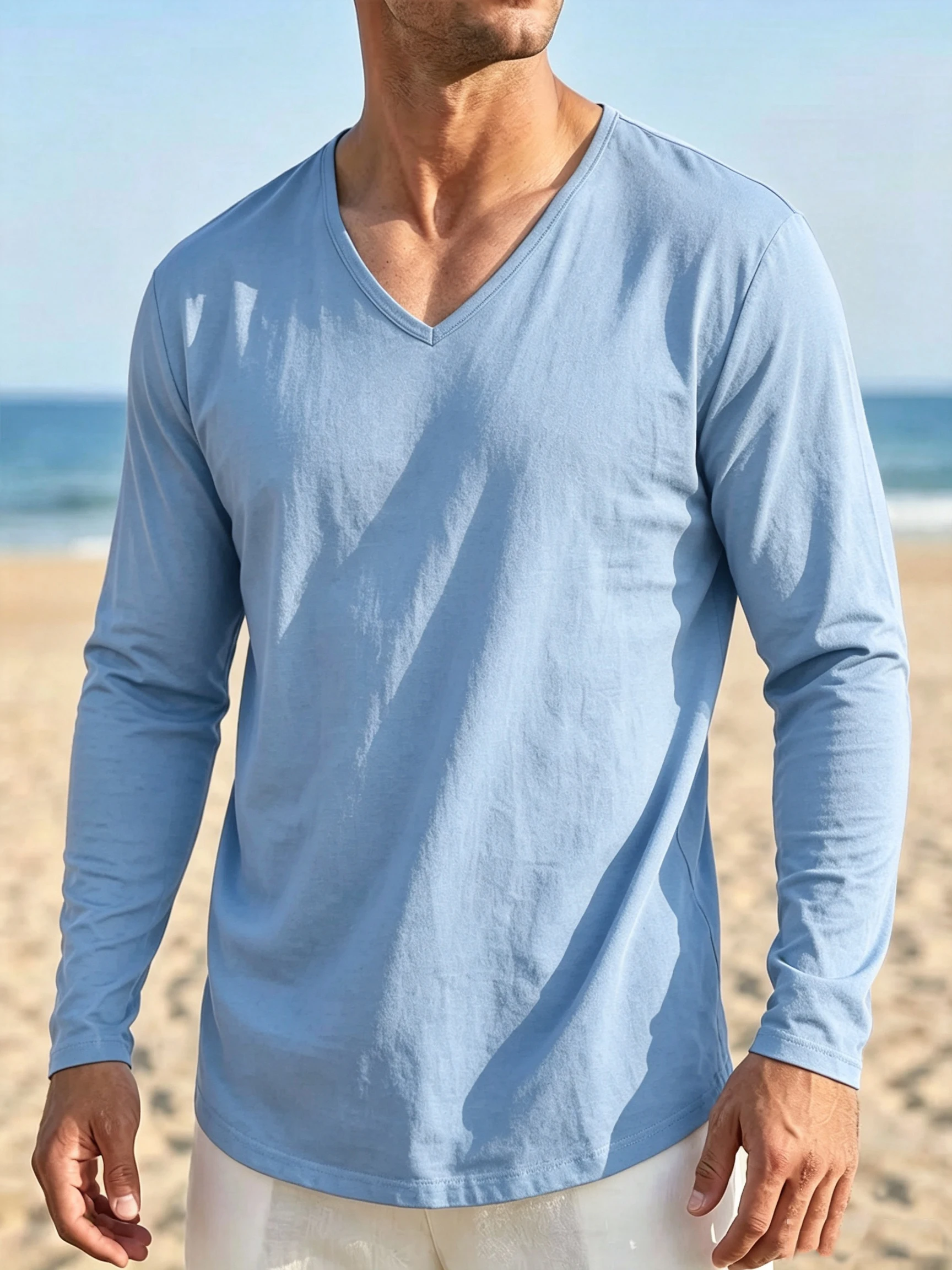 Summer Mens Linen V-Neck Long Sleeve T Shirts For Men Breathable Soft Loose Fit Beach Walking Casual Blouse Lightweight Shirts