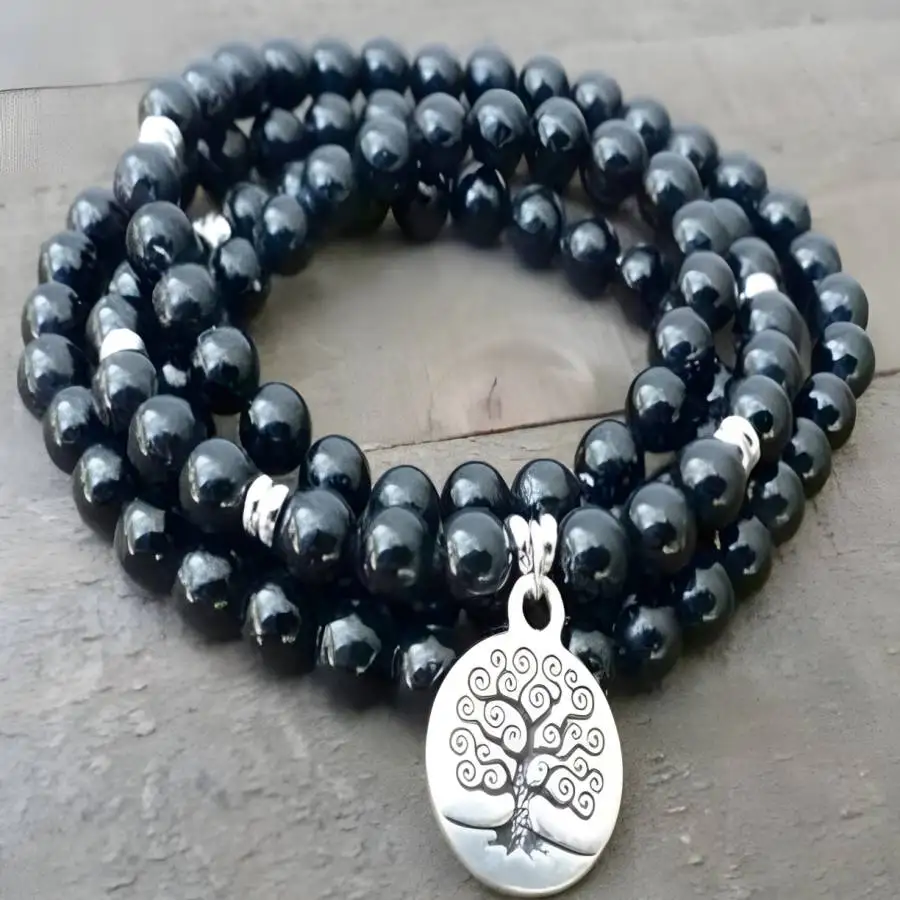 

6mm black agate Gemstone Mala Bracelet 108 Beads zazen Gemstone Mala elastic Bohemian Yoga Stone Nirvana tassel Japa Prayer