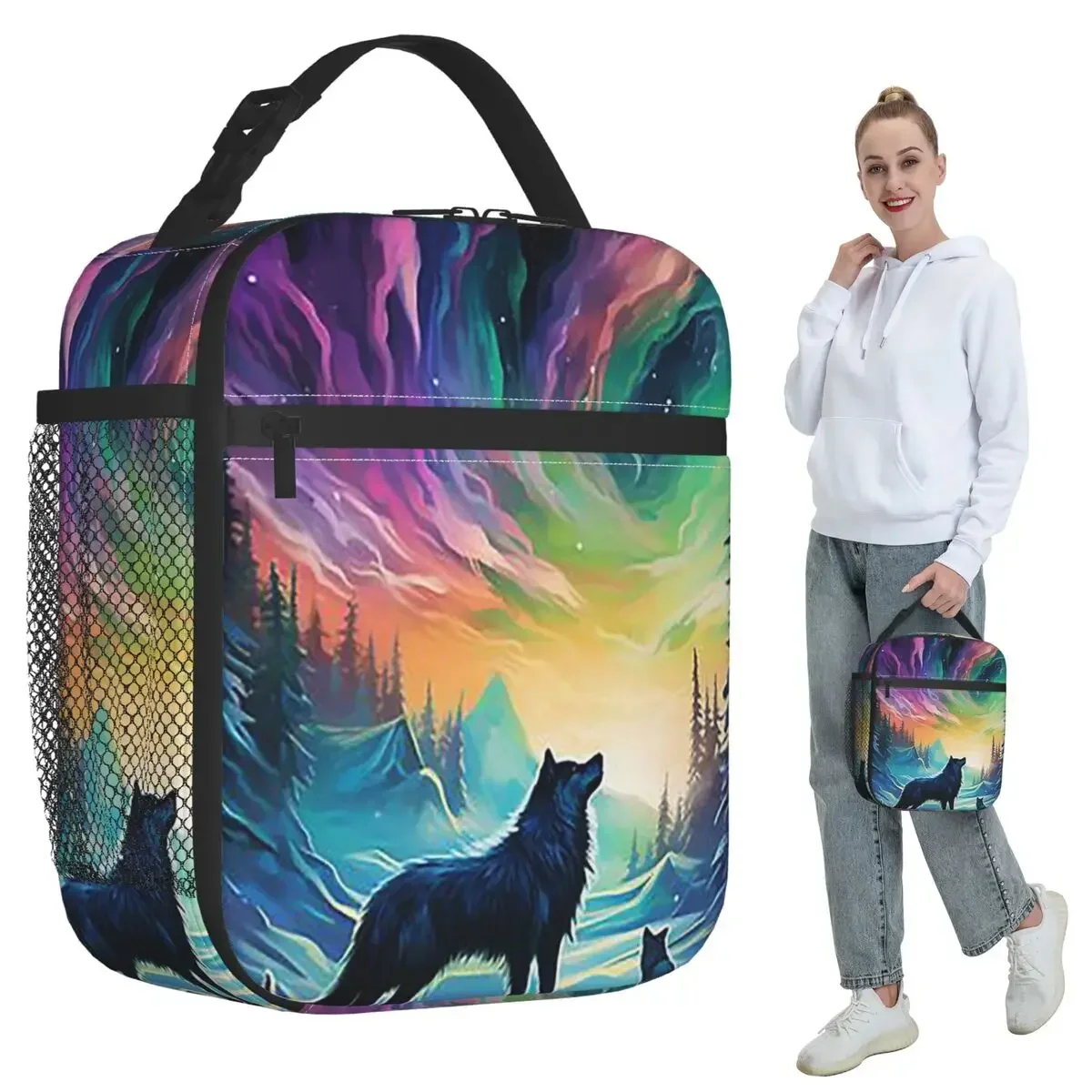 Wolf Northern Light Aurora Borealis Scenery Mountains Rivers Trees Insulated Lunch Bag Box Tote Portable Lunch Boxes Container