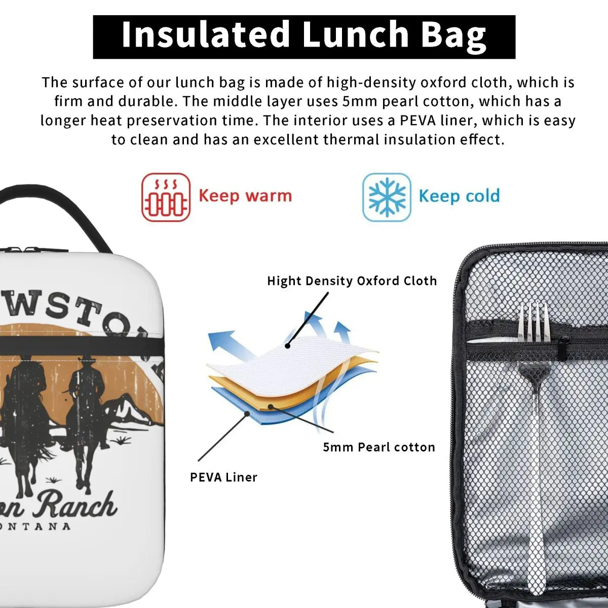 حقيبة غداء يلوستون داتون رانش مونتانا للبالغين، حقائب غداء حرارية مطبوعة، حقيبة تبريد معزولة محمولة من أكسفورد