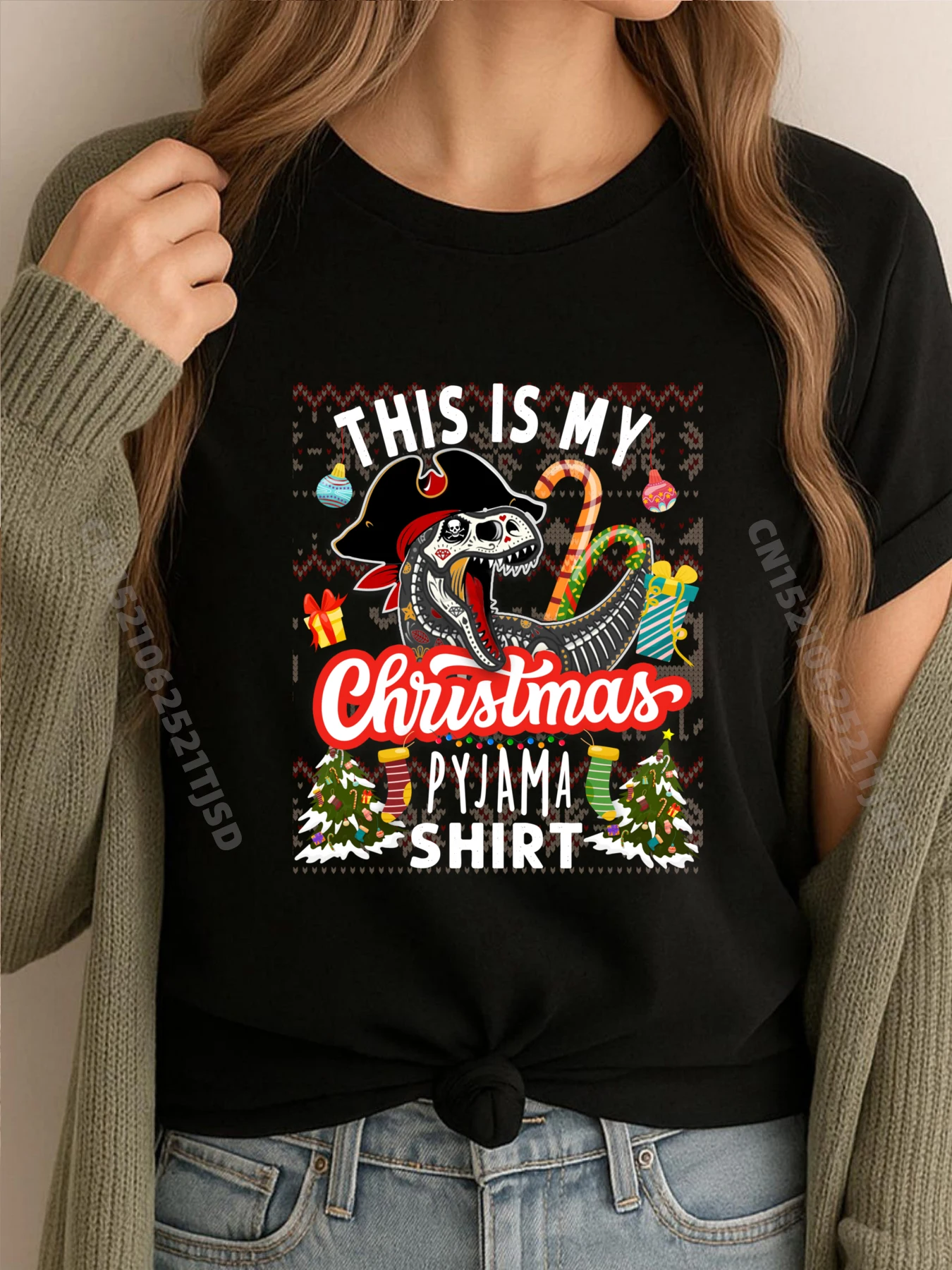 

This Is My Christmas Pyjama Pirate Dinosaur Skull Costume Graphic T Shirts 100% Cotton Woman Clothing Letter