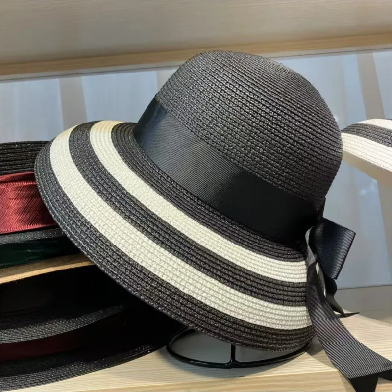 Women's sun-protective hat woven striped wide-brimmed outdoor sunshade