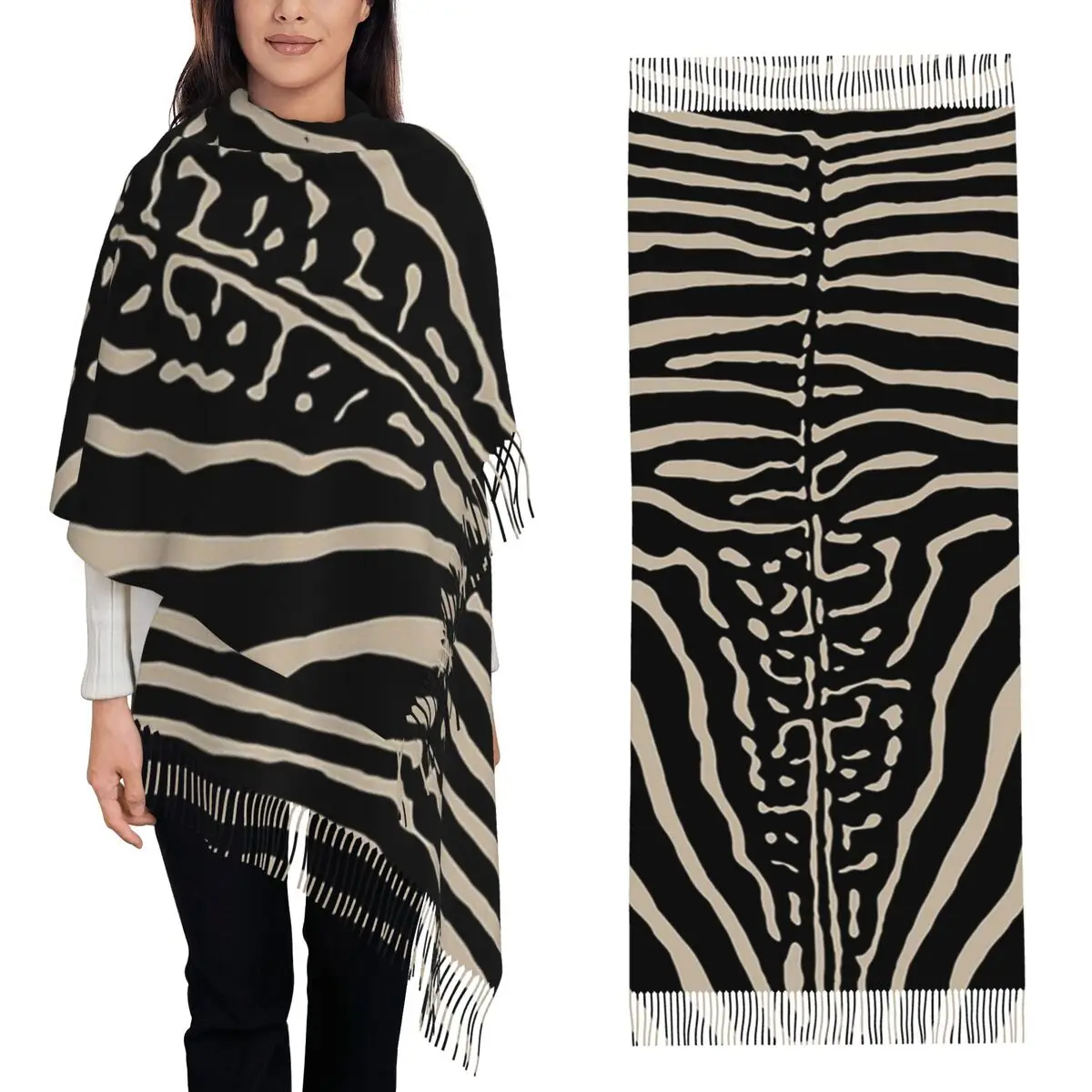 Liquid Black White Zebra Pattern Scarf Tassel Scarves Women Soft Warm Shawls and Wraps Large Fall Winter Shawl Wrap