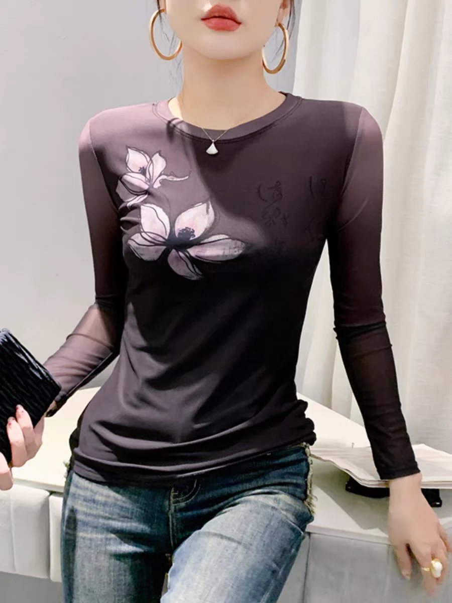 Camisetas ajustadas con estampado Floral Vintage para mujer, Tops altos de cuello redondo, ropa de ocio callejero