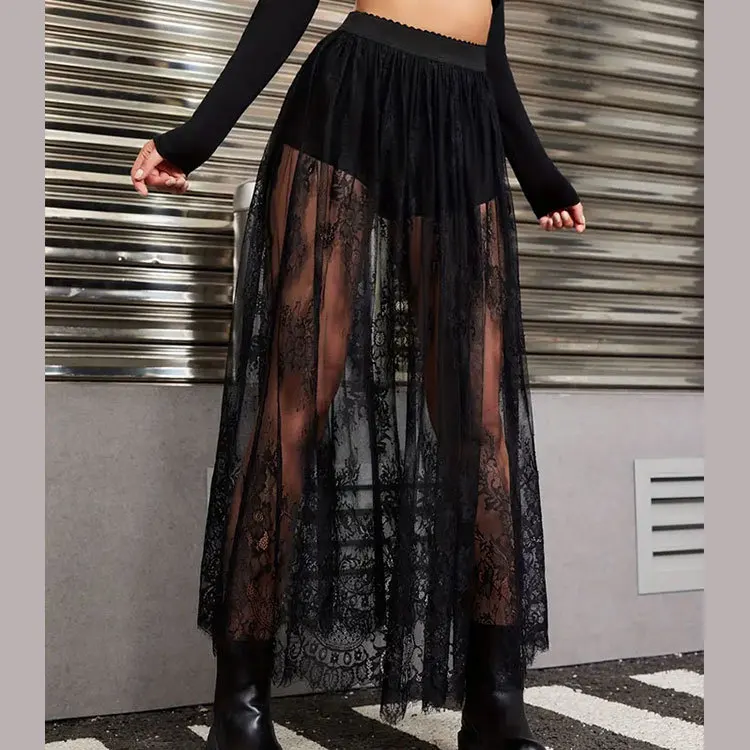 European and American women's half skirt summer new dark Gothic lace perspective sexy half skirt long skirt