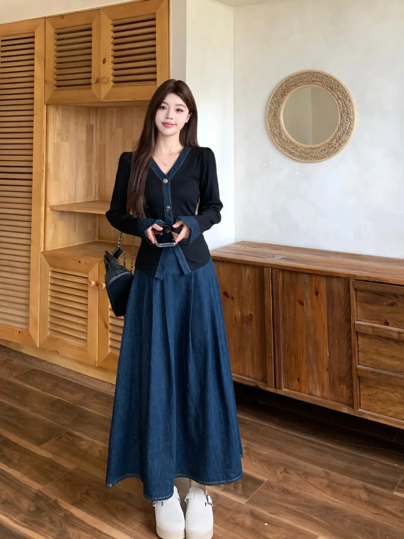 

plus Size Knitted Patchwork irt Top Women's Autumn Winter High Waist Denim Skirt Set Faionable Commute Sle V-Ne ...
