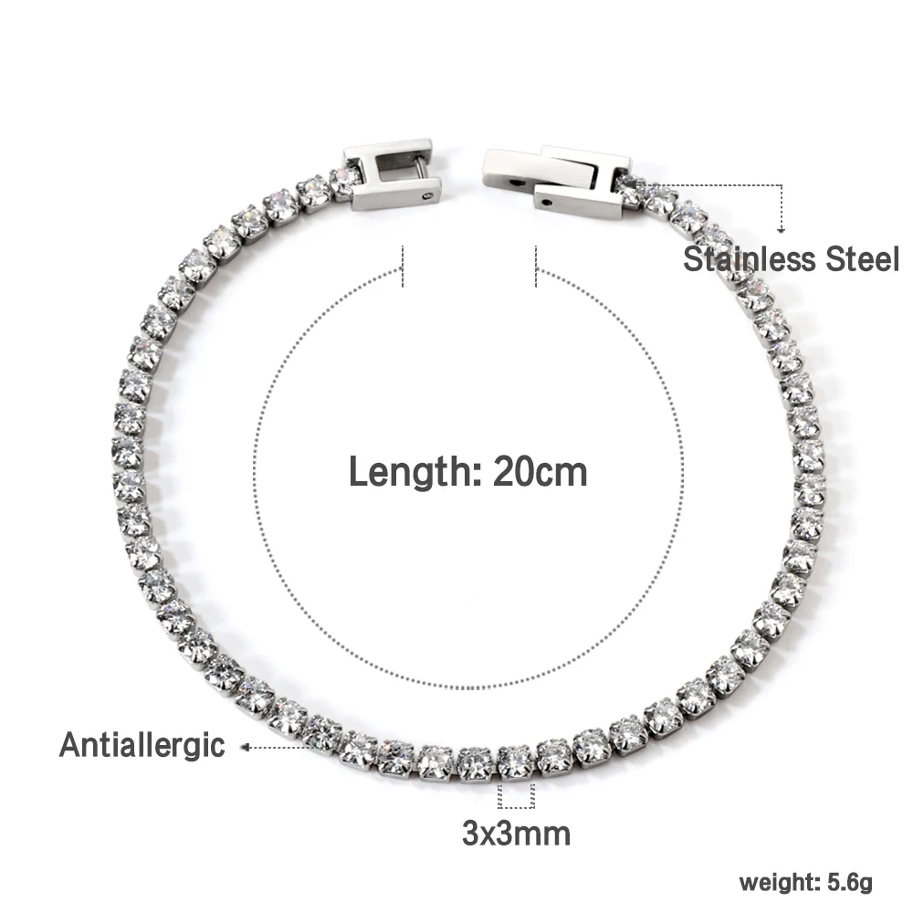 LUXUKISSKIDS Fashion 3MM Zirconia Tennis Braclets Gothic Men/Woman\'s Bracelet 4 Claw AAA White Black Shiny Stone Steel Jewelry
