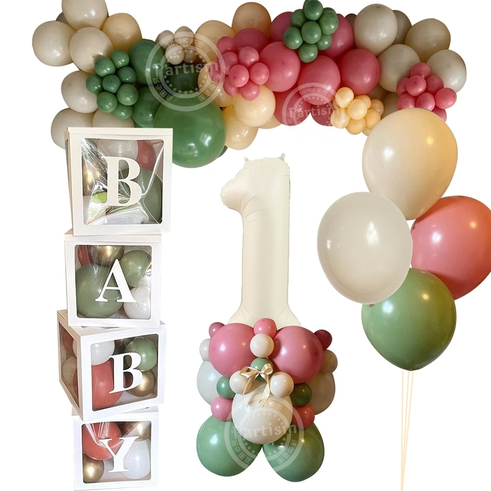 23pcs Vintage Pink Green Beige Balloon Tower with 32inch Creamy Number Balloon for Happy Birthday Party Decoration DIY Supply