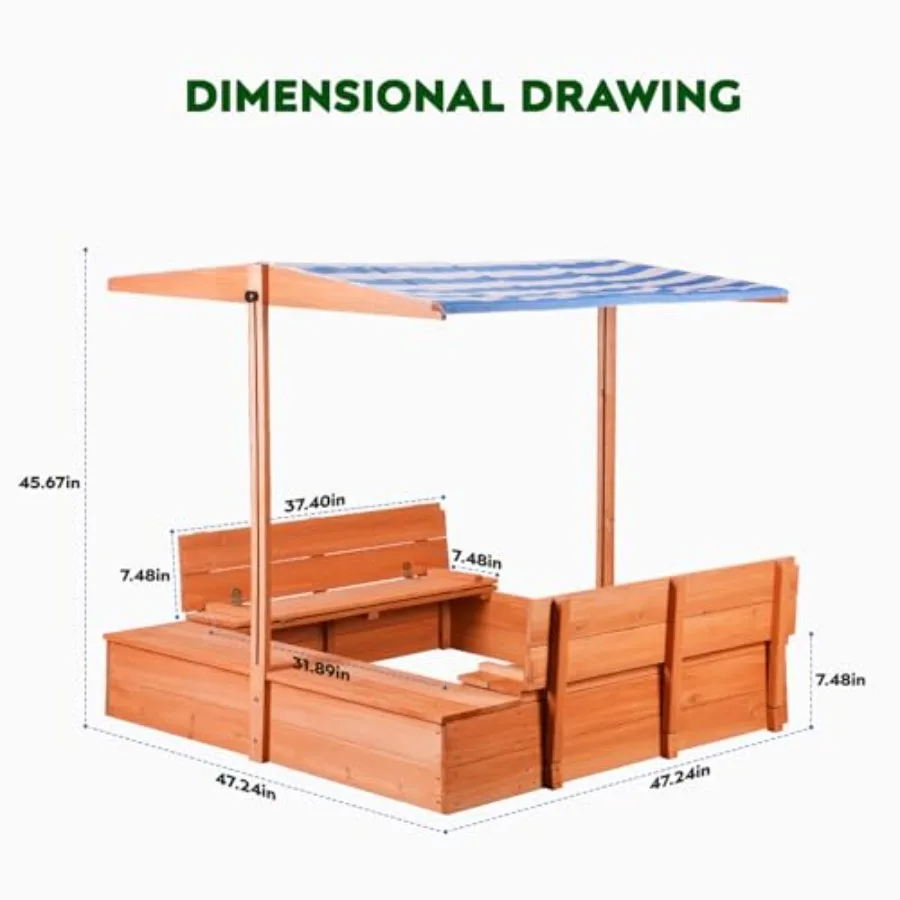 صندوق رمل خشبي خارجي مع غطاء صناديق رملية مع مظلة ومقاعد تخزين قابلة للطي وطاولة رمل مع وصلة سفلية للحماية