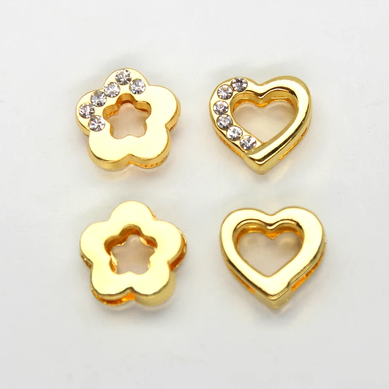 1pcs 8mm Heart Flower Golden Color Half Rhinestone Slide Charms DIY letters DIY Charm fit Pet Collar