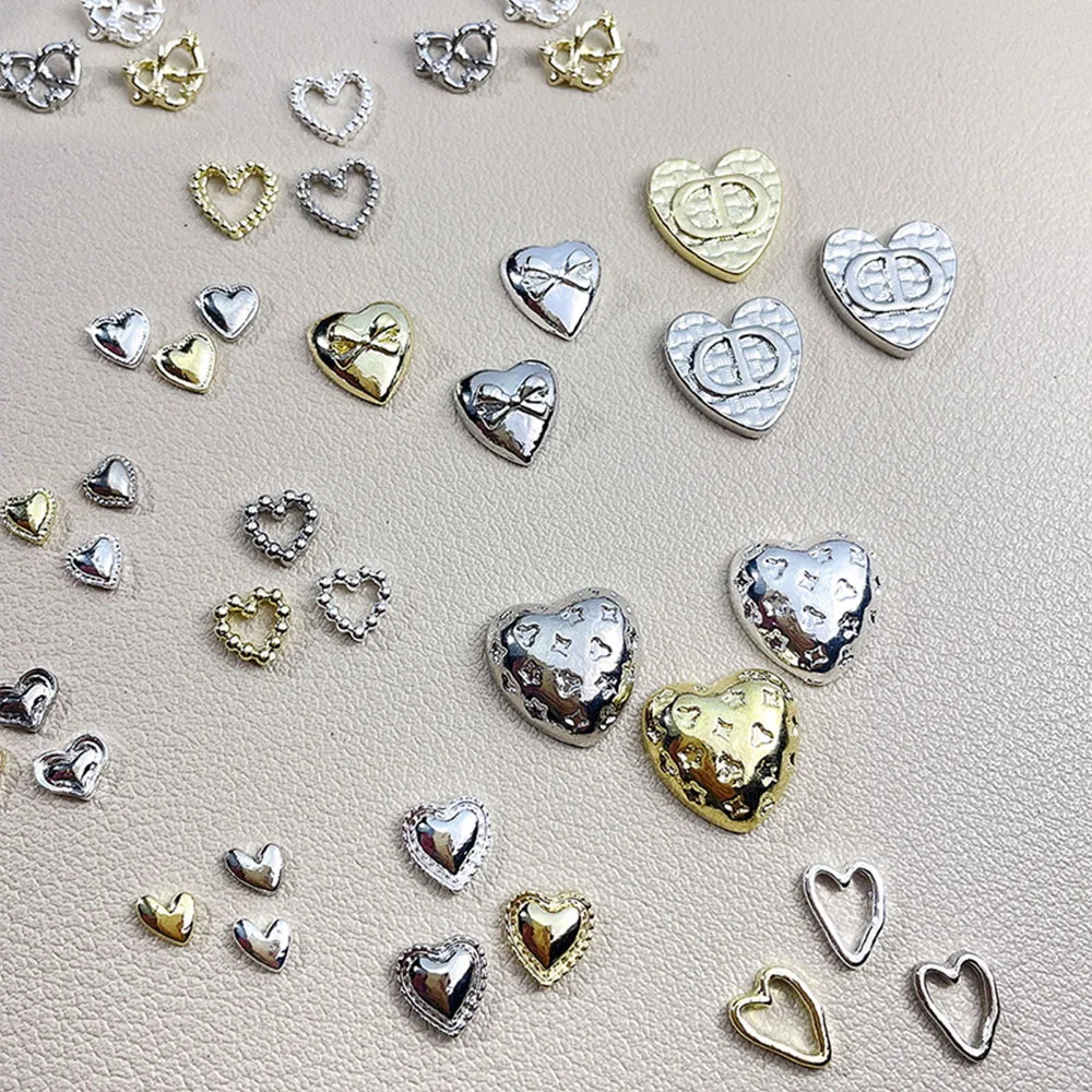 50PCS 3D Gold Silber Metallic Charms Mix Farben Liebe Mini XL Herz Rahmen Solide Schleife Relief Legierung Nail art strass Dekorationen – Detail 5