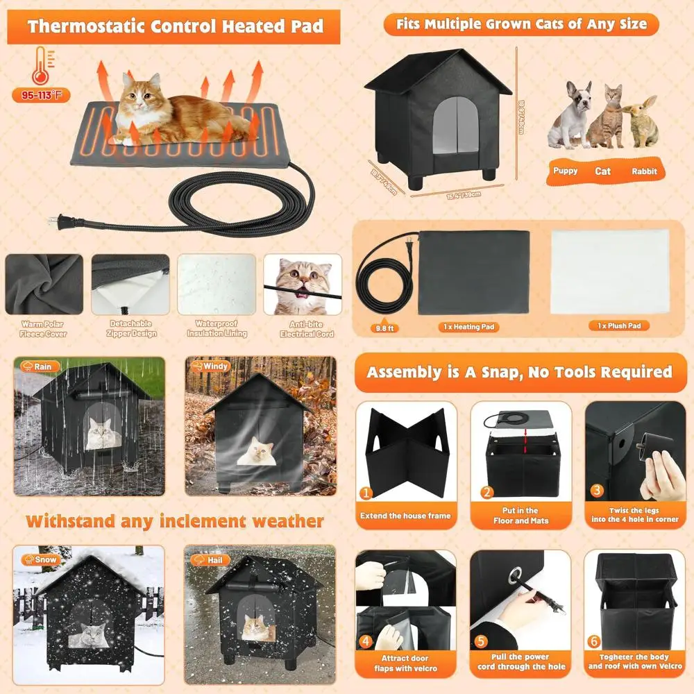 

Weatherproof Outdoor Heated Cat Shelter for Winter, Collapsible Insulated Hut for Stray Kittens & Small Animals