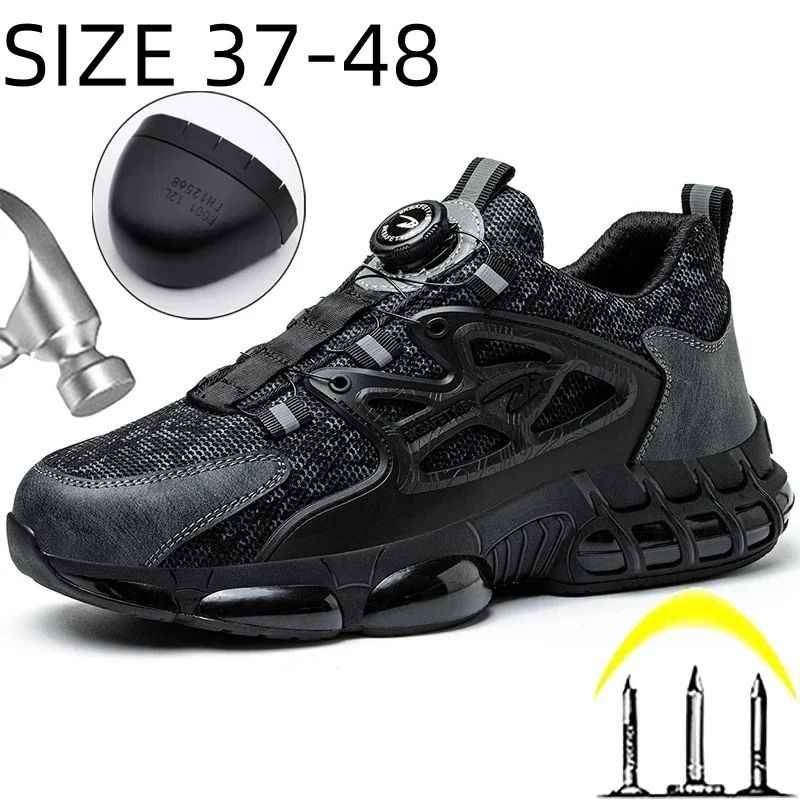 New Men Safety Shoes Rotating Button Sport Shoes Anti Smashing Anti Piercing Steel Toe Work Boots Men Sneakers Big Size 37-48