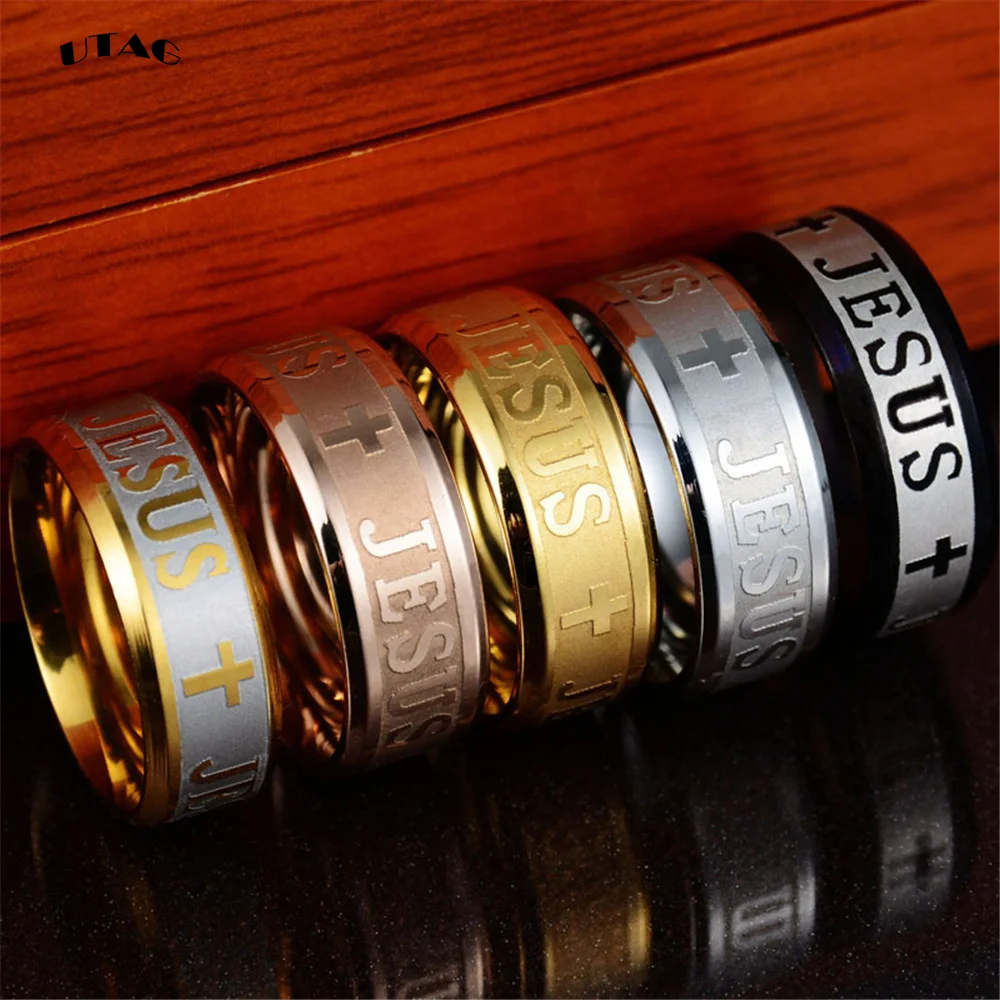 UTAG Stainless Steel Black Color Jesus Cross Ring Letter Bible Prayer Finger Rings For Men 8mm Amulet Jewelry